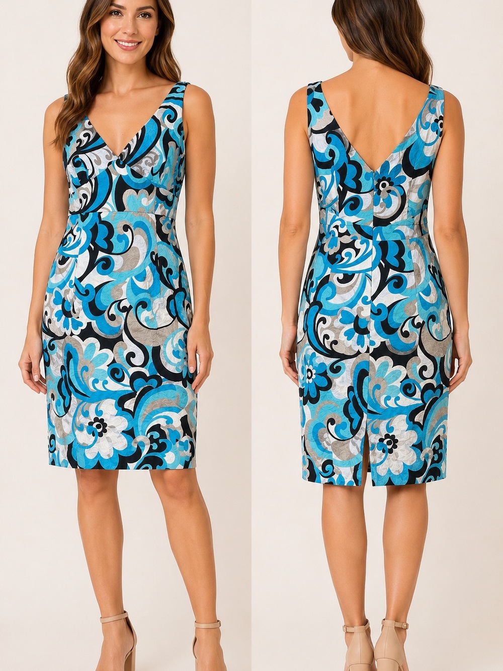 Muse Blue and Black Floralโ V-Neck Midi Sheath Dress